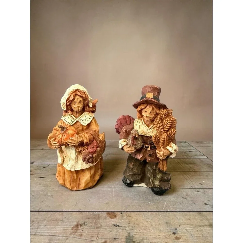 Vtg Ganz Thanksgiving Couple Figurines Pair Resin Carved Primitive Look 4
